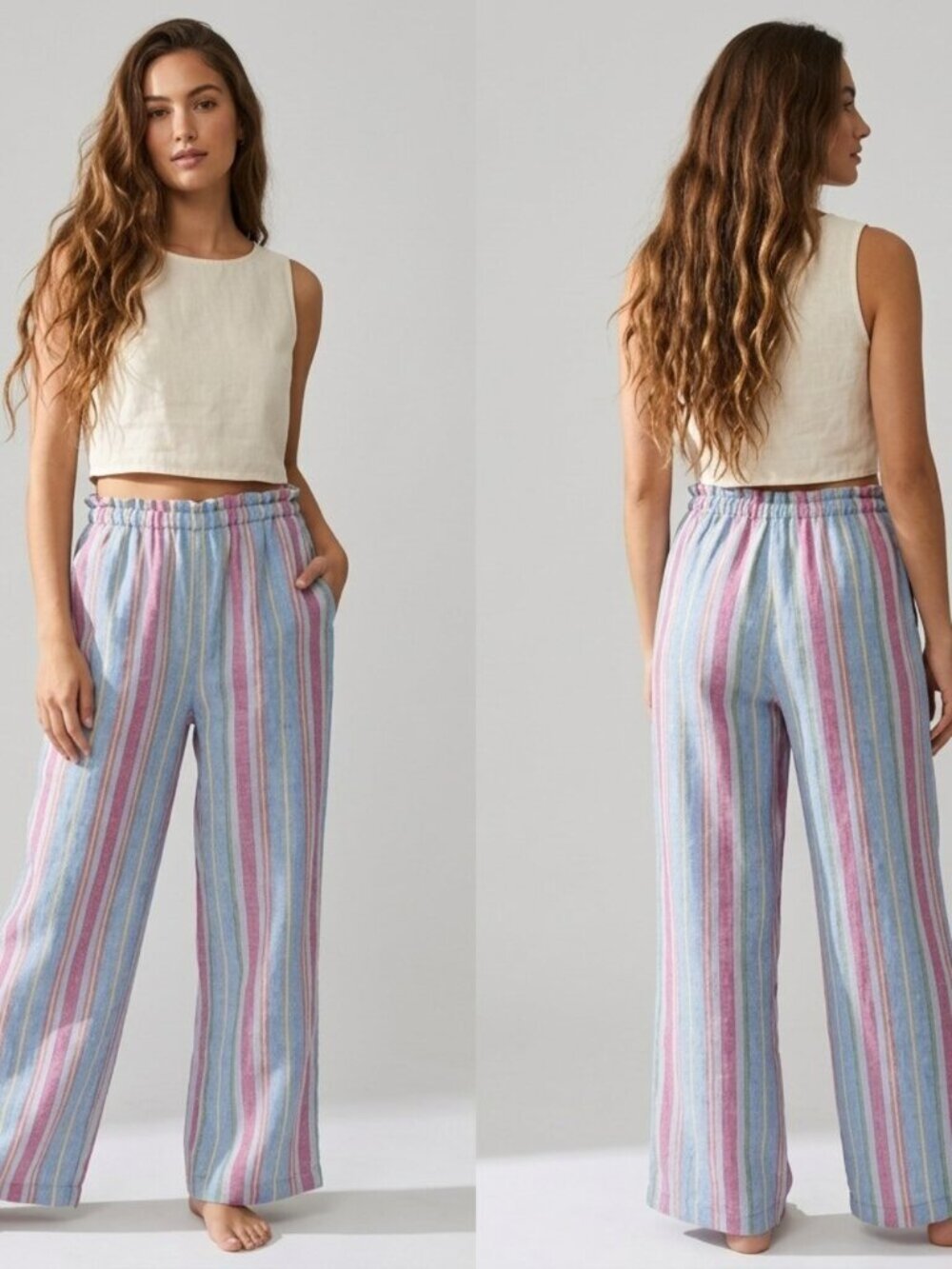 FRAME 100% Linen Striped Pants Women's Size Medium M Multicolor Elastic Waist - Picture 1 of 8